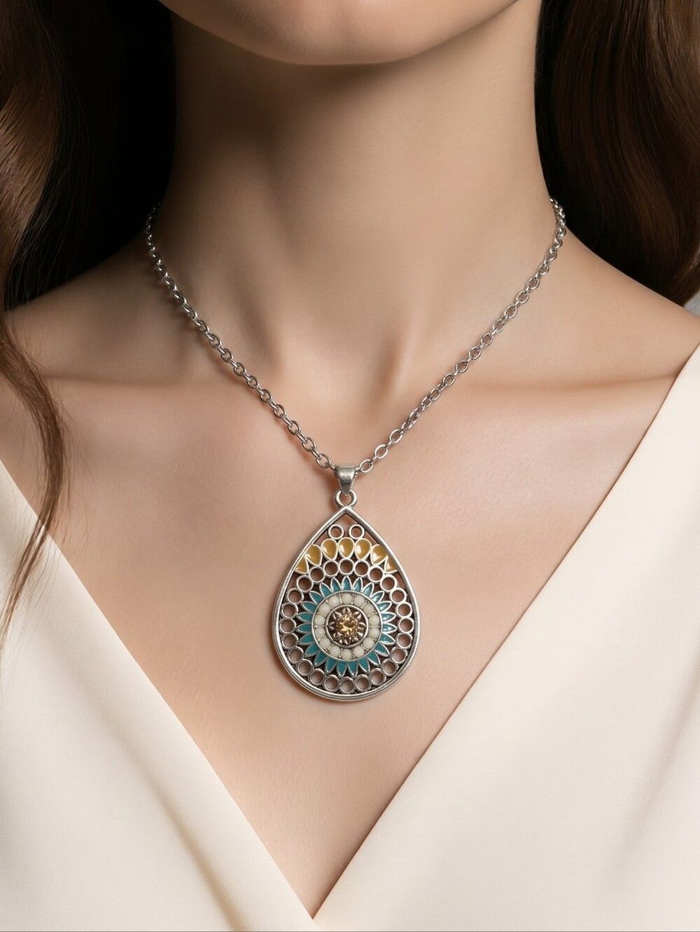 Boho Necklace Rhinestone Cut out Teardrop Mandala Pendant Western Tribal Jewelry